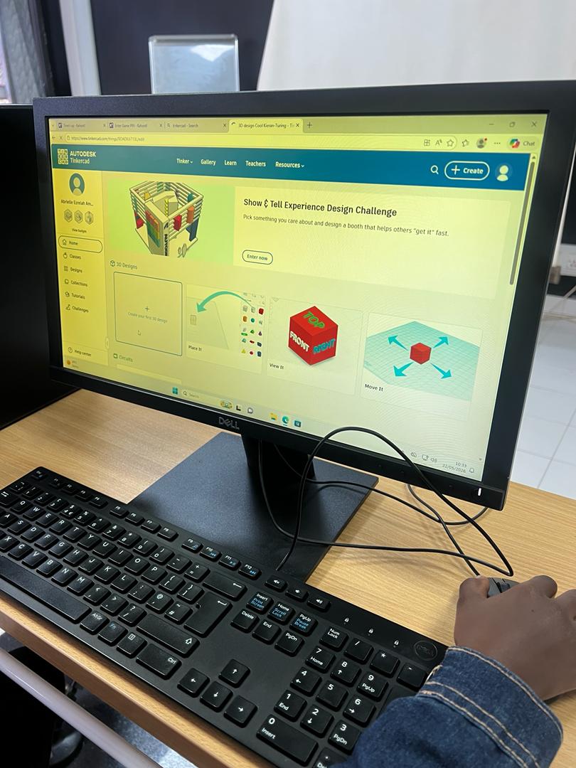 An Autodesk Tinkercad 3D design challenge on screen during a CodeImpact coding session in Kampala
