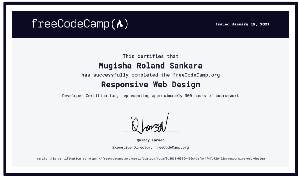 Freecodecamp certficate of our open developer community member